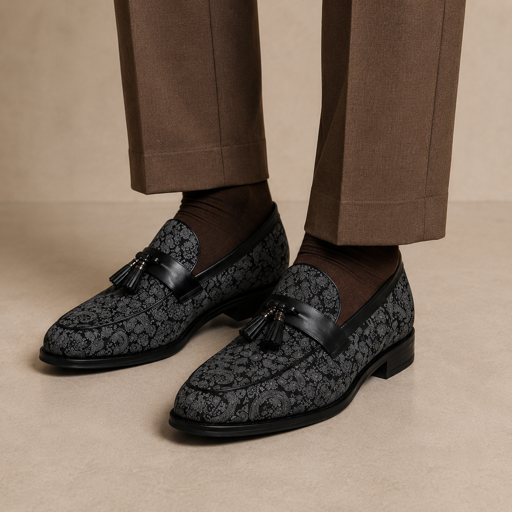 Mokasyny męskie Premium Black Paisley — skóra wegańska (syntetyczna) — Masdola, ujęcie 8