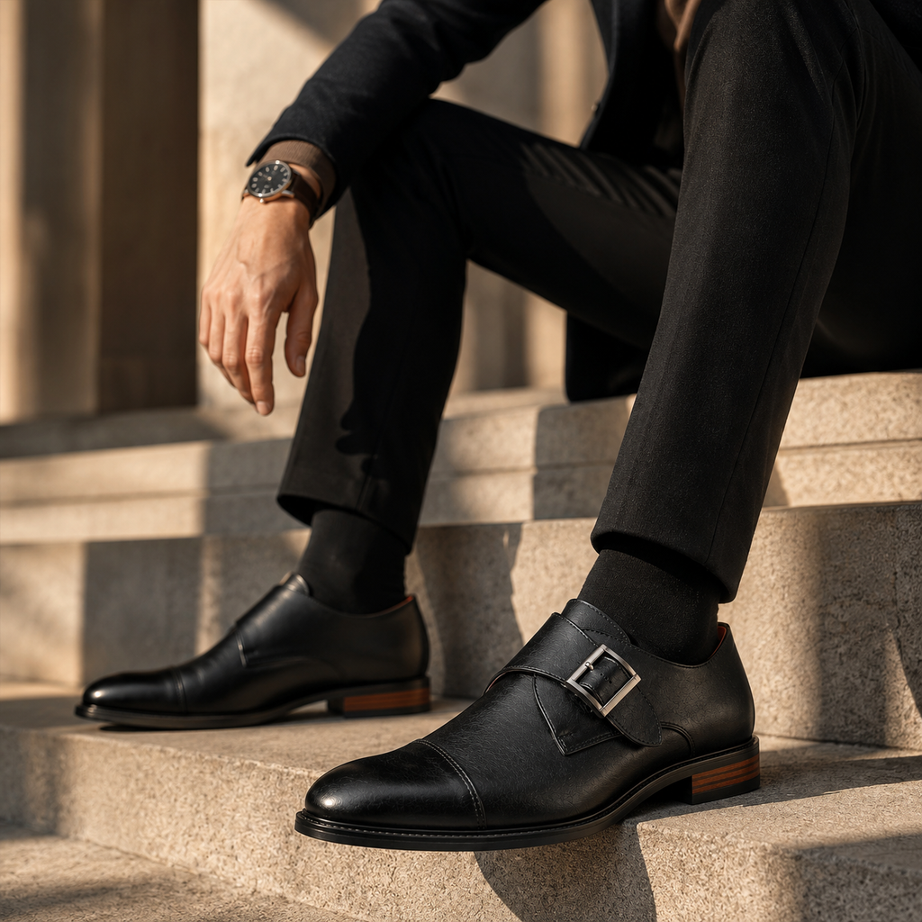 Monki męskie czarne — single monk strap, skóra wegańska (syntetyczna) — Masdola, ujęcie 8