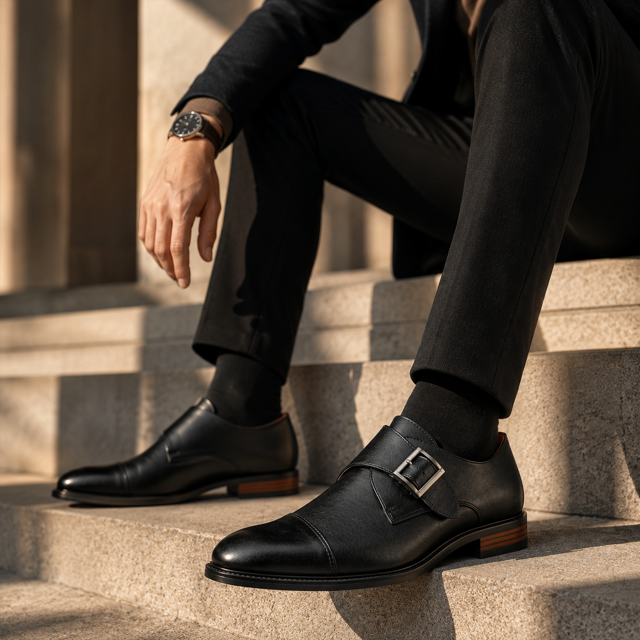 Monki męskie czarne — single monk strap, skóra wegańska (syntetyczna) — Masdola, ujęcie 8