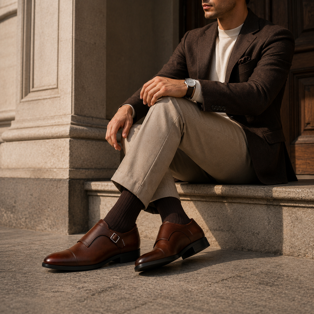 Monki męskie brąz kawowy — single monk strap, skóra wegańska (syntetyczna) — Masdola, ujęcie 8